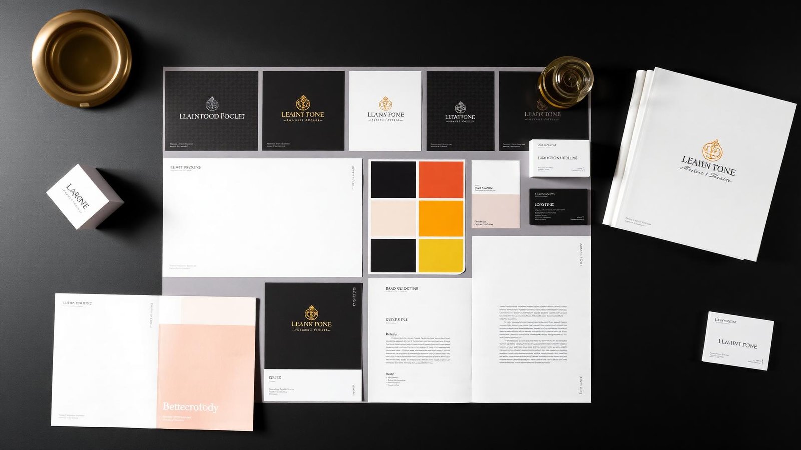 Brand identity design elements including logo, typography and colour palette
