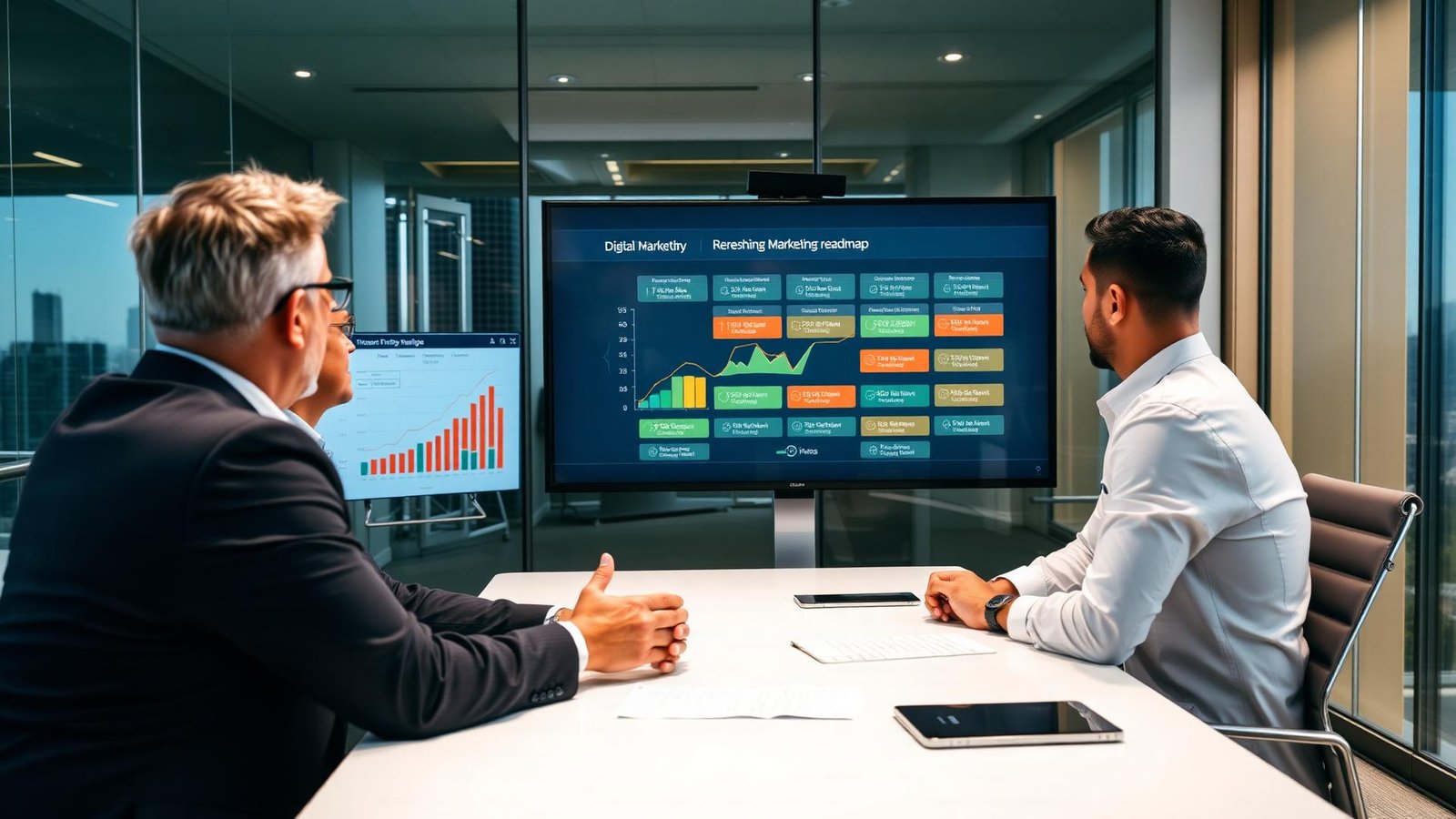 Business strategy meeting with digital growth consultants reviewing performance data