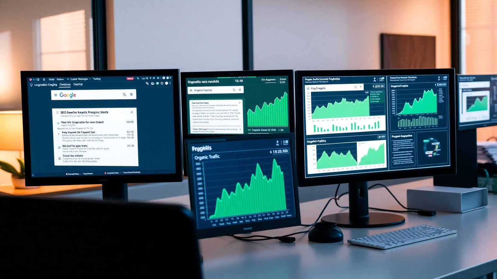SEO analytics dashboard showing organic traffic growth and keyword rankings